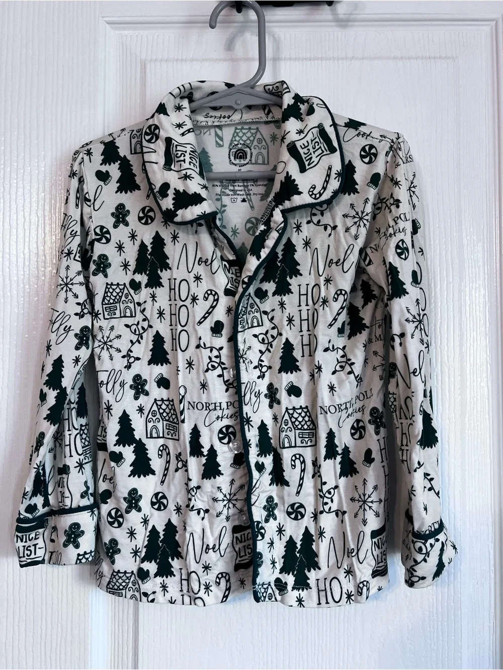 Kids Holiday Print Pajama Set - White with Dark Green Print